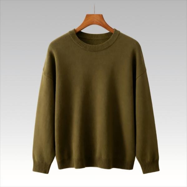 Oversized Men's Casual Knit Sweater - Army Green Crew Neck Loose Fit Soft Pullover Jumper