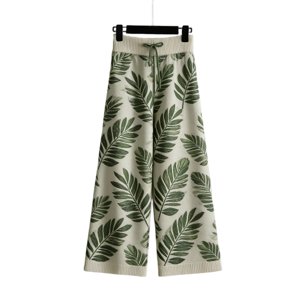 Fresh Beige Knit Wide-Leg Pants with Green Tropical Leaf Print