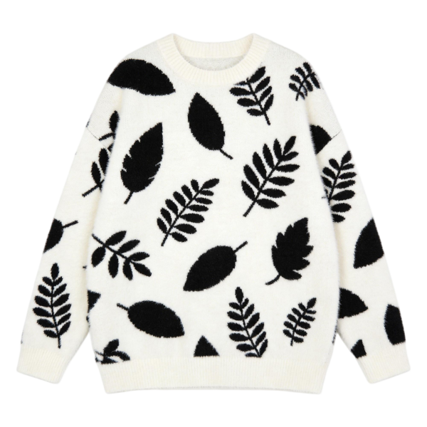 White & Black Leaf Pattern Fuzzy Knit Pullover