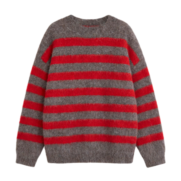 Gray & Red Striped Fuzzy Knit Pullover