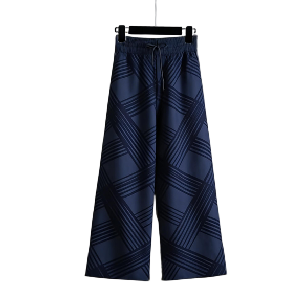 Sleek Navy Blue Knit Wide-Leg Pants with Cross-Stripe Pattern