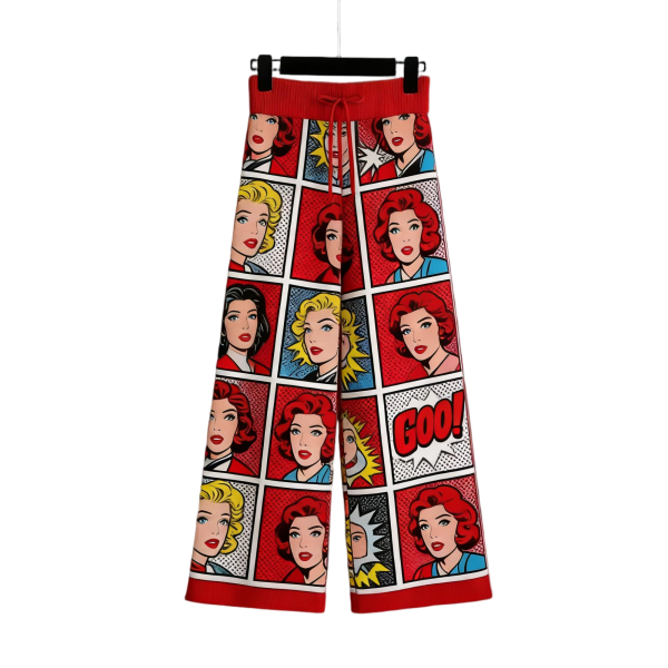 Bold Red Knit Wide-Leg Pants with Retro Pop-Art Print