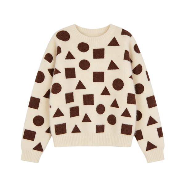 Cream & Brown Geometric Pattern Fuzzy Knit Pullover