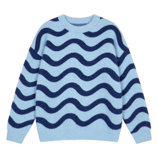 Light Blue & Navy Wavy Pattern Fuzzy Knit Pullover