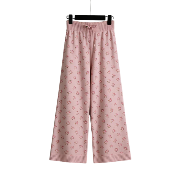 Soft Pink Knit Wide-Leg Pants with Delicate Floral Print