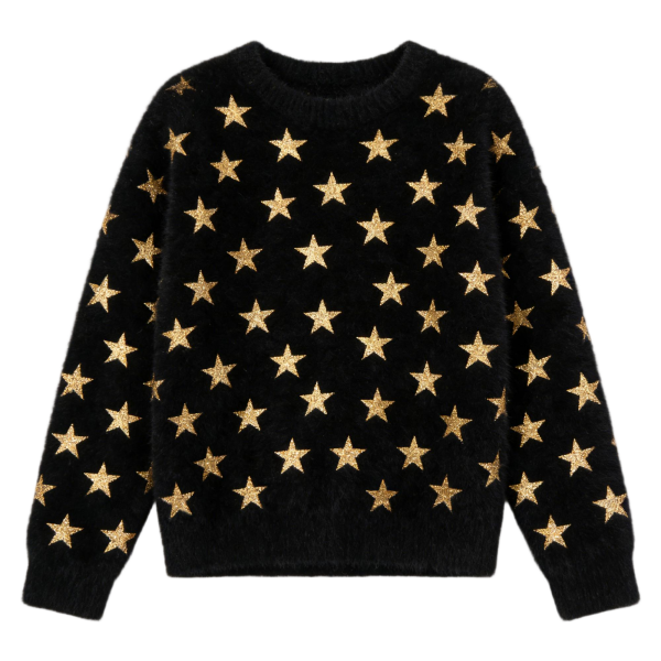 Black & Gold Star Pattern Fuzzy Knit Pullover