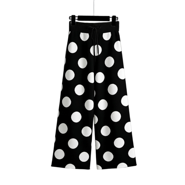 Retro Black & White Polka Dot Knit Wide-Leg Pants
