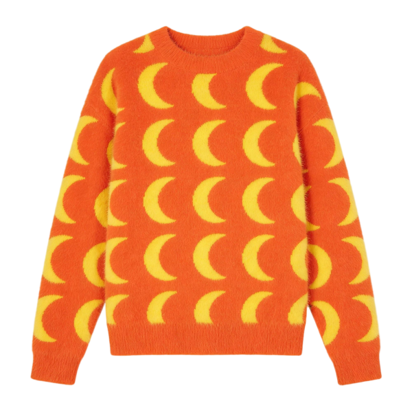 Orange & Yellow Moon Pattern Fuzzy Knit Pullover