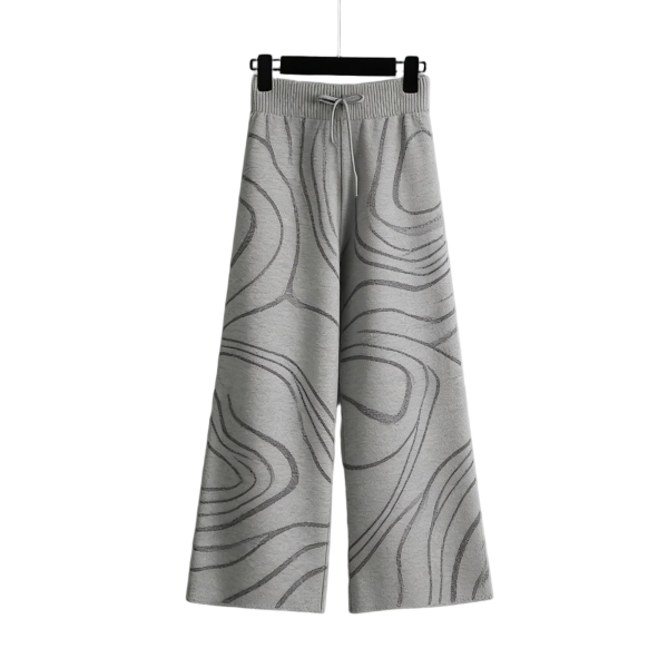 Modern Gray Knit Wide-Leg Pants with Metallic Swirl Print