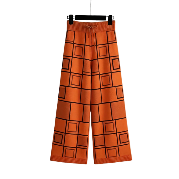 Modern Orange Knit Wide-Leg Pants with Black Grid Pattern