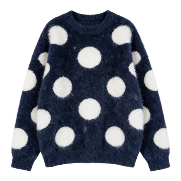 Navy & White Polka Dot Fuzzy Knit Pullover