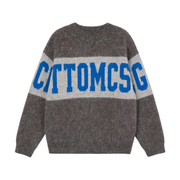 Gray & Blue Letter Pattern Fuzzy Knit Pullover
